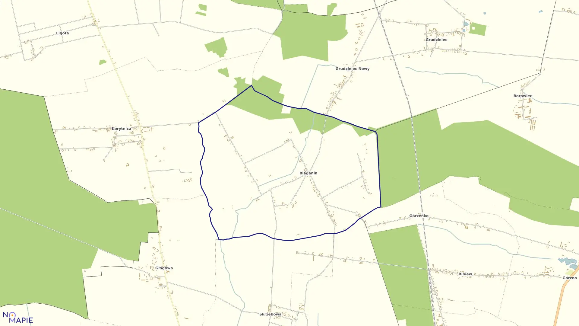 Mapa obrębu Bieganin w gminie Raszków